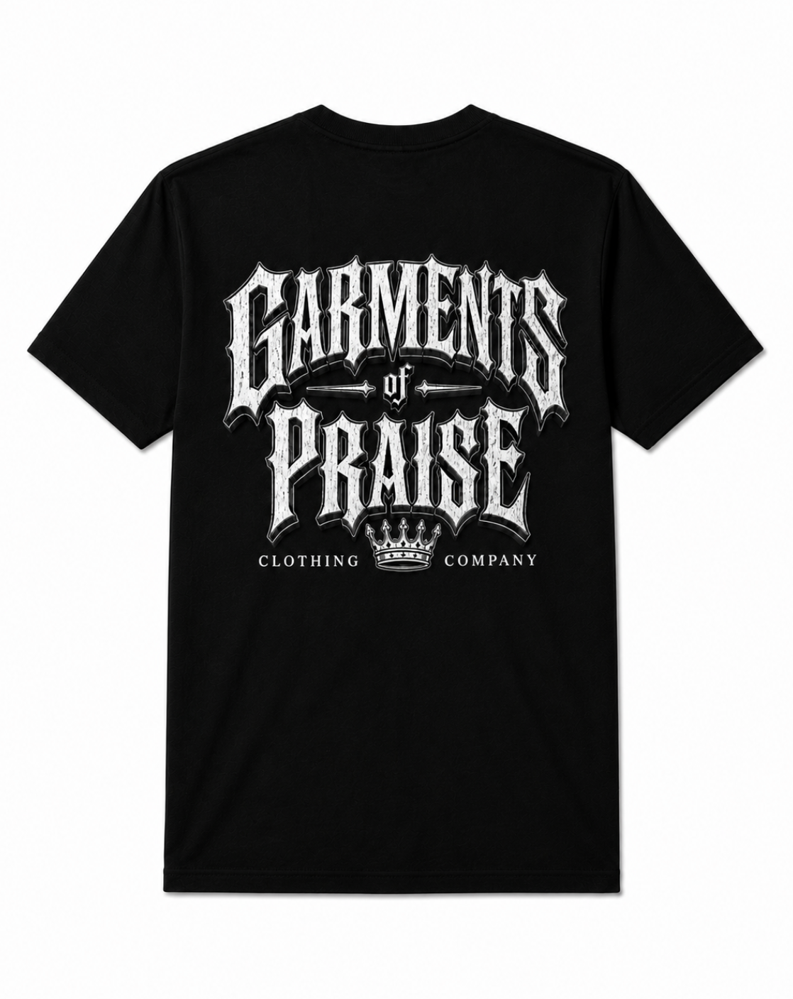 A black short-sleeve t-shirt with a large white gothic-style graphic on the front reading 'Garments of Praise' and 'Clothing Company' with a crown icon, shown against a plain white background.