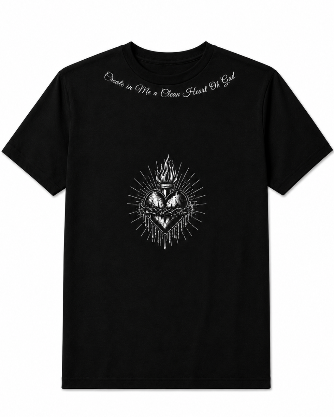 A black short-sleeve crewneck t-shirt featuring a white Sacred Heart graphic on the chest and the white cursive text 'Creede in Me a Clean Heart Or God' printed across the upper chest, displayed against a solid white background.