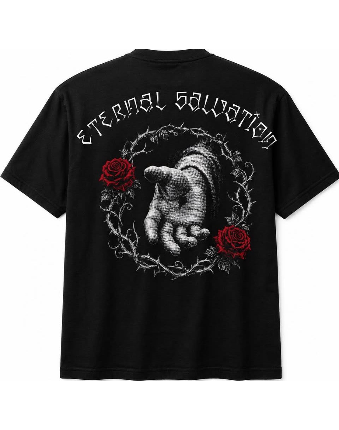 Eternal Salvation Written in So Cal Gang Fonts Showing the Hand of Jesus Reaching out to You , surrounded by thorns and roses