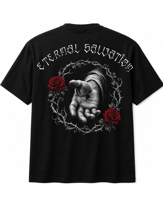 Eternal Salvation Written in So Cal Gang Fonts Showing the Hand of Jesus Reaching out to You , surrounded by thorns and roses