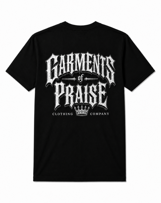 A black short-sleeve t-shirt with a large white gothic-style graphic on the front reading 'Garments of Praise' and 'Clothing Company' with a crown icon, shown against a plain white background.