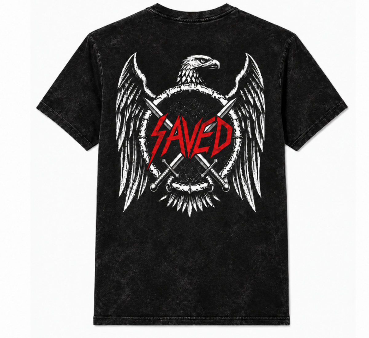 A black acid-wash t-shirt showing the back graphic, which features a white distressed eagle design with crossed swords and the word 'SAVED' in red stylized text.